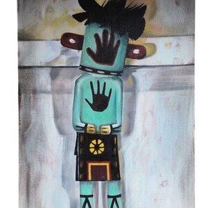 Southwest Kachina Doll Painting Handprints Signed dp 19 Navajo 11x24 Art